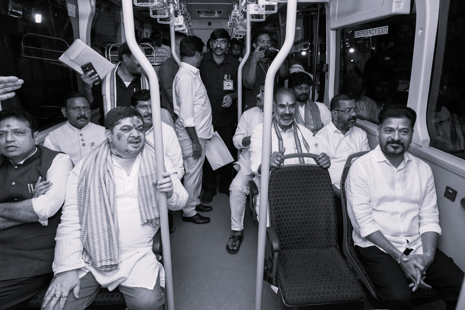 CM Revanth travels by RTC bus with ministers, visits Prasad Labs to watch ‘Poole’