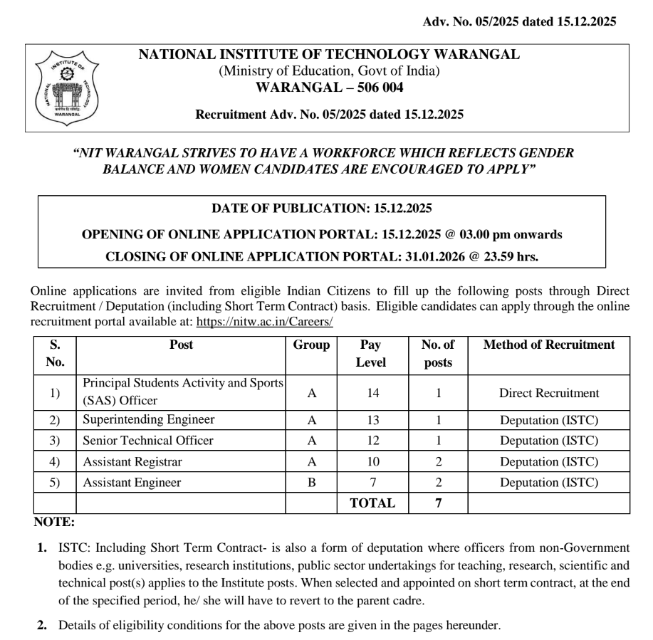 NIT Warangal Opens Recruitment for Senior Administrative and Technical Positions