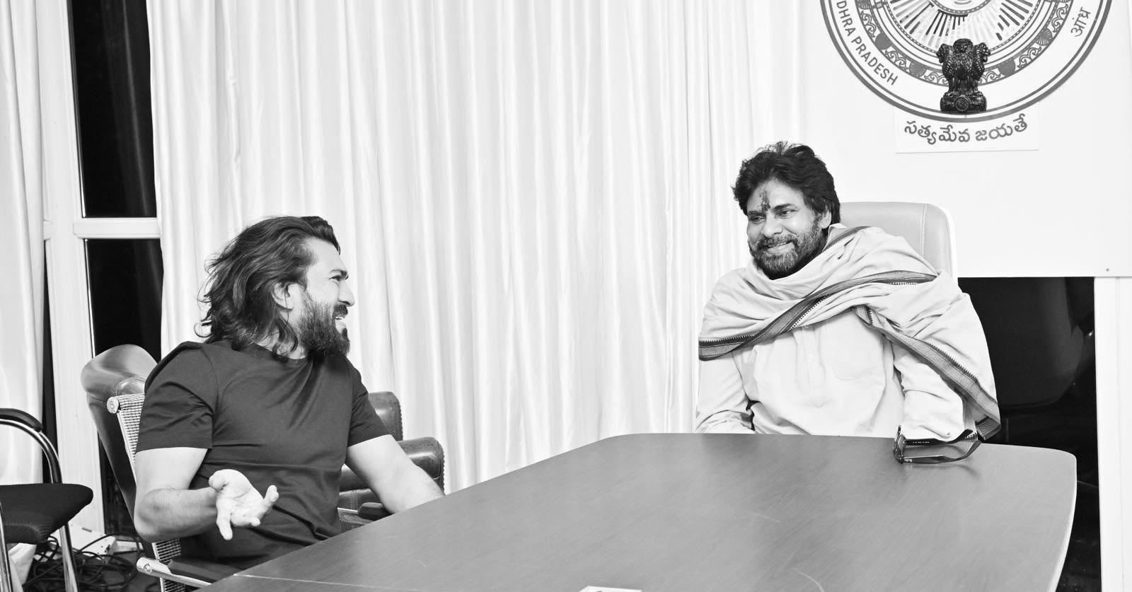 Ram Charan Meets Pawan Kalyan at JanaSena Office in Mangalagiri Before Andhra Premier League Season 5 Opening Ceremony