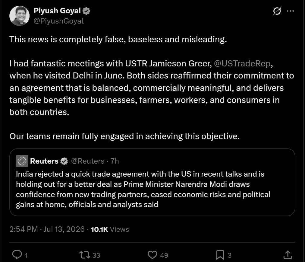 Completely False And Misleading: Piyush Goyal Dismisses Reuters Report On India US Trade Talks