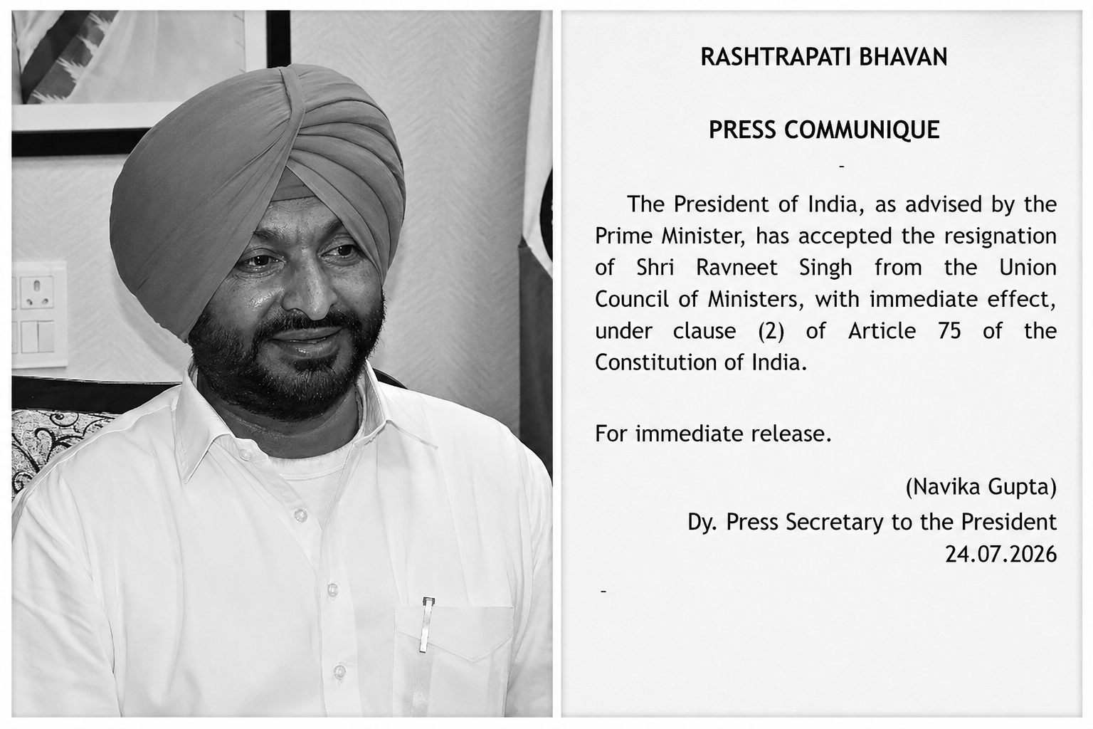 President Accepts Ravneet Singh Bittu's Resignation from Union Cabinet