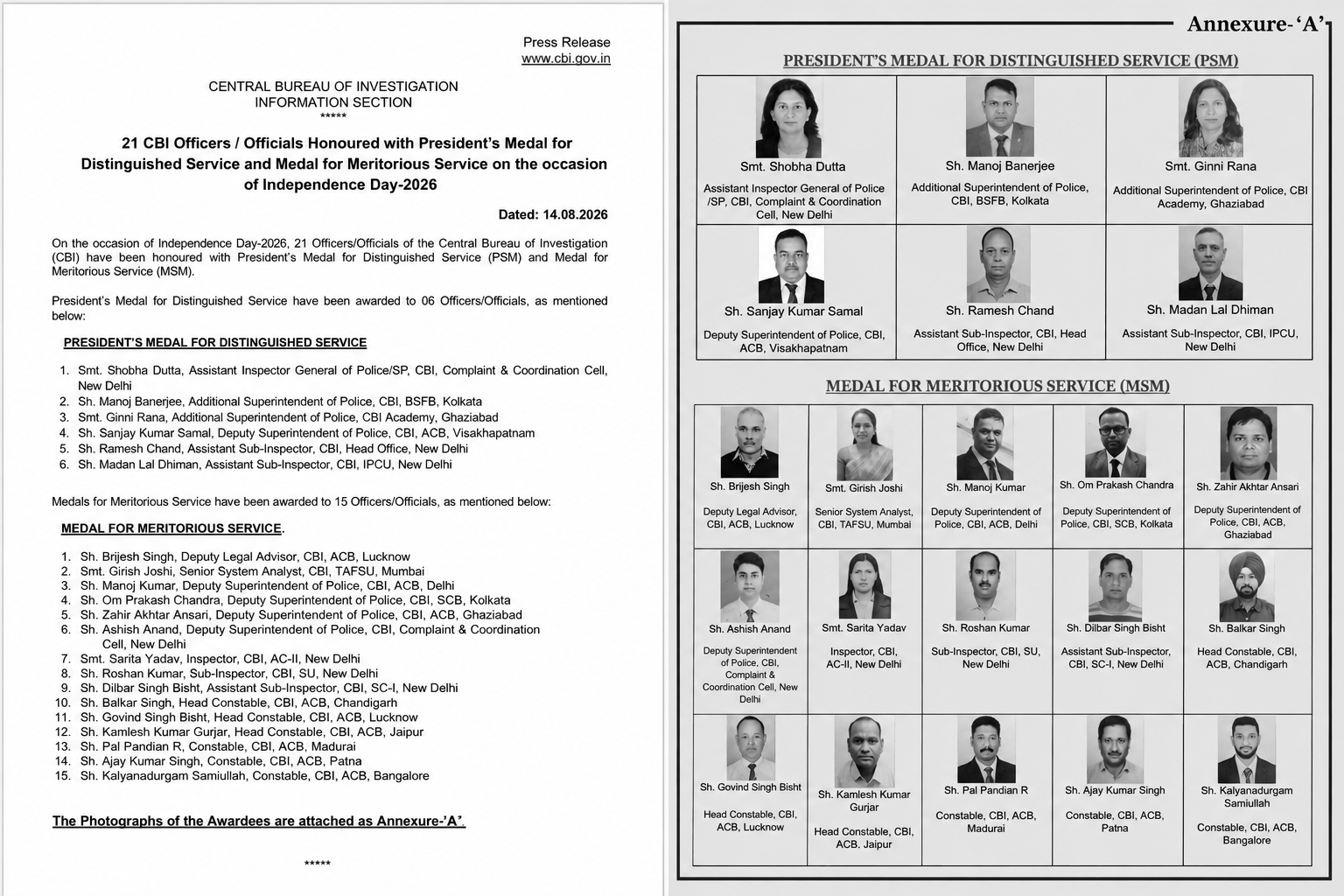 21 CBI Personnel Receive Prestigious Service Medals on Independence Day