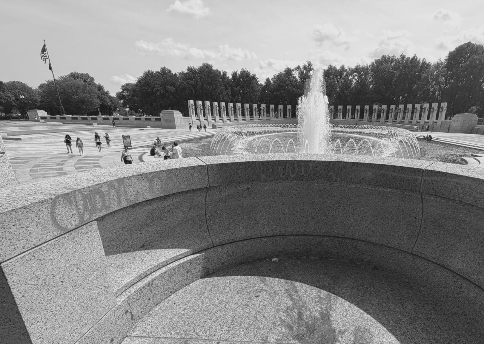 World War II Memorial Fountain Filled With Bubbles, Red Graffiti Found
