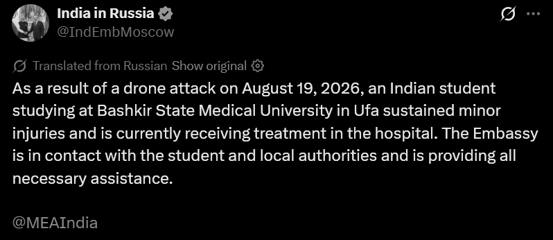 Indian Student Injured In Russia Drone Attack In Ufa, Embassy Says