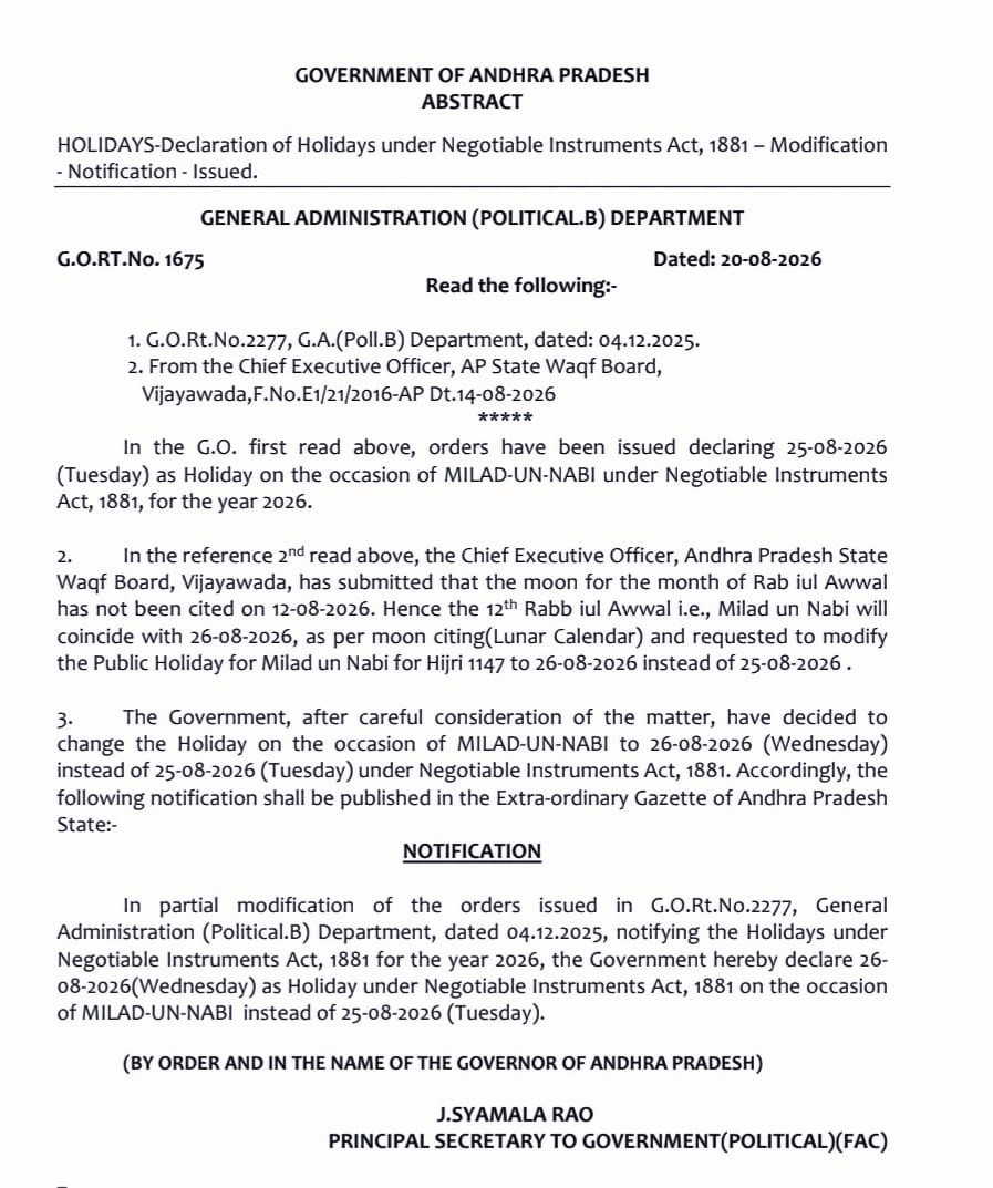 Milad-un-Nabi Holiday Revised in Andhra Pradesh, Now on August 26