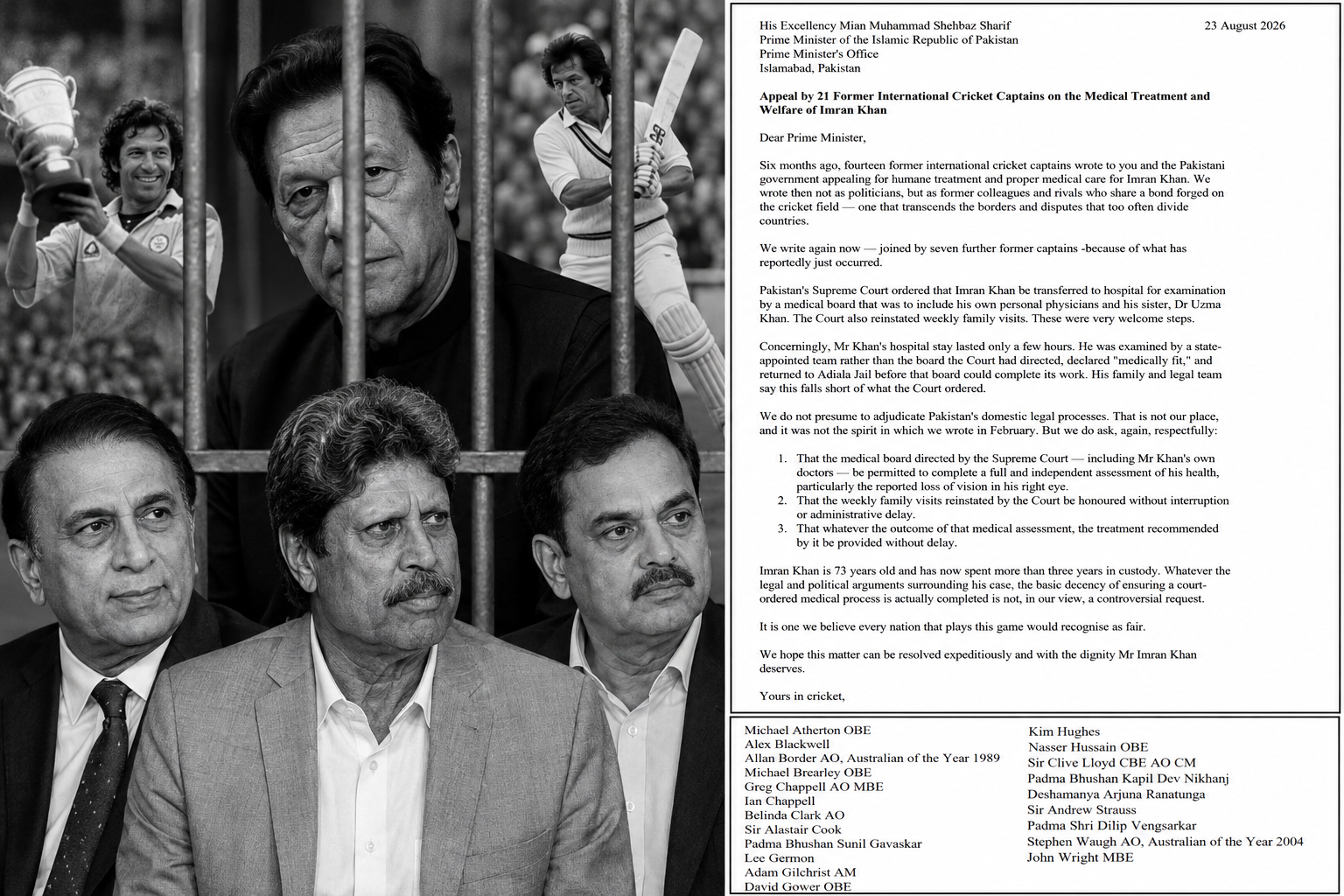 Gavaskar, Kapil Dev Join Global Cricket Captains’ Appeal for Imran Khan’s Medical Care