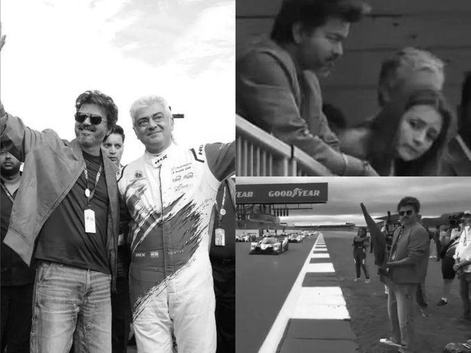 Tamil Nadu CM Vijay Hugs Ajith At Silverstone As Trisha Joins The Duo At Le Mans Race