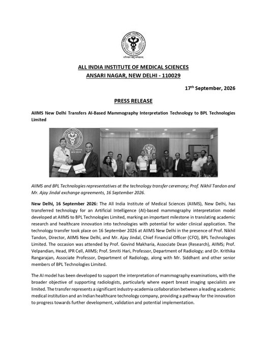 AIIMS, BPL Technologies Join Hands to Advance AI-Based Mammography