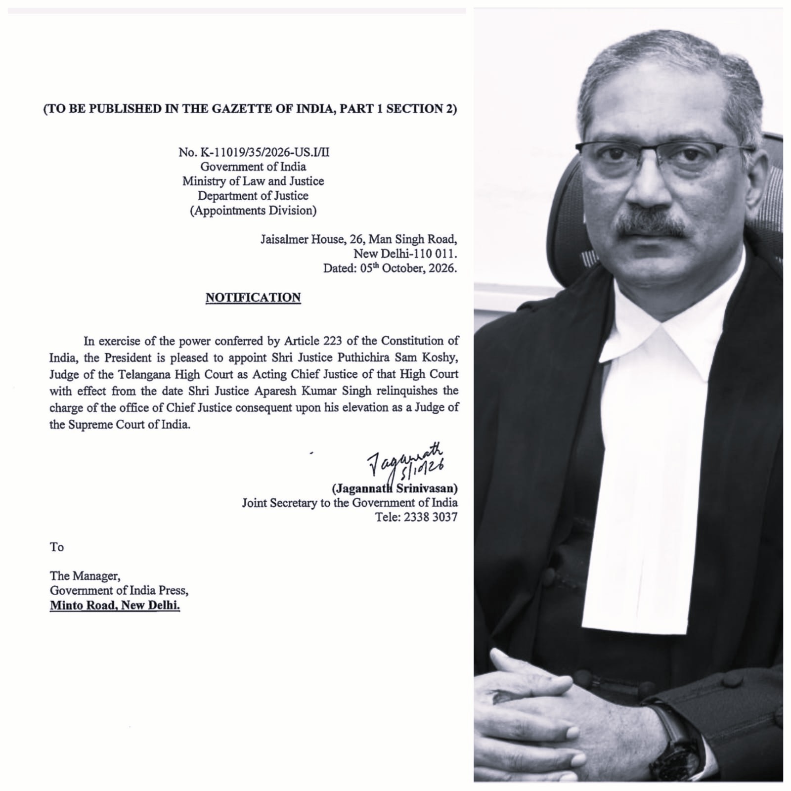 Justice P Sam Koshy Appointed Acting Chief Justice of Telangana High Court