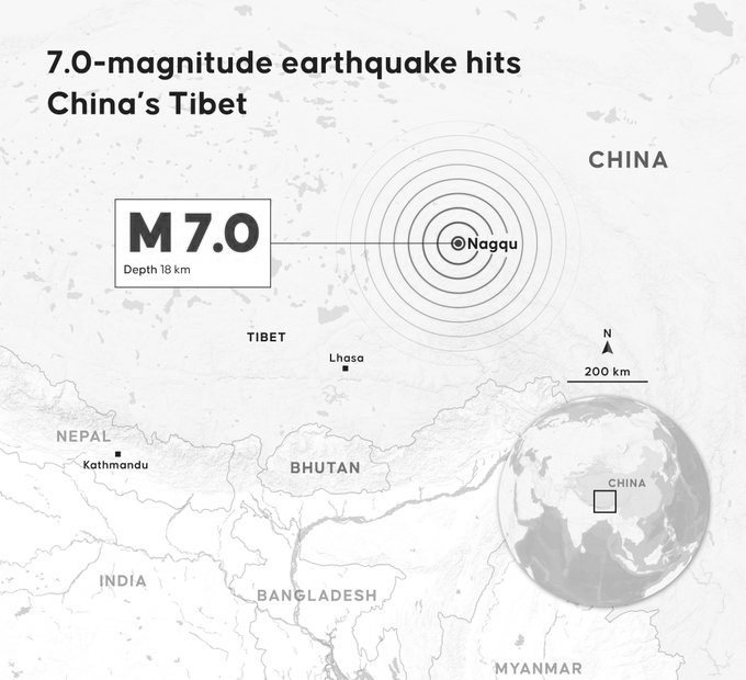 7.0-Magnitude Earthquake Hits Tibet, 16 Dead, 76 Injured as Thousands Evacuated